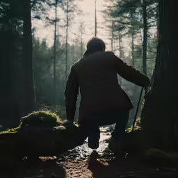 a man walking in the woods on a rainy day