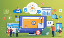 a flat - lay rendering of a monitor screen surrounded by office tools,people looking at different graphics on a computer screen