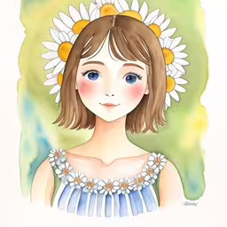 a painting of a young girl wearing a daisies headpiece,a picture of a girl wearing a dress
