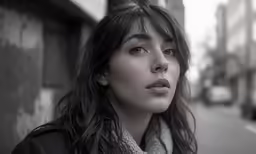the girl stands on a city street next to the wall