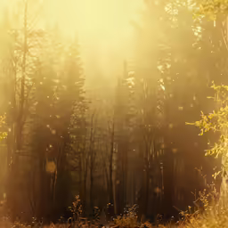 trees are silhouetted against a foggy, sunlit background