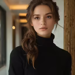 a girl in a sweater standing by a wall