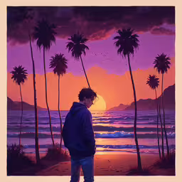 a person looking out to sea during a sunset,a man standing at the beach looking out to sea