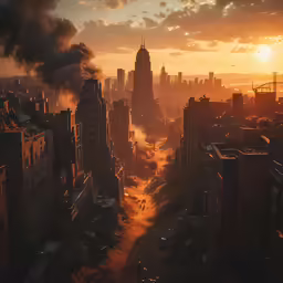 a sunset view from the air of a cityscape