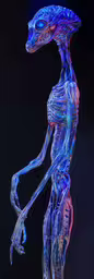an image of a man and alien model that is very strange,a futuristic man sitting in the middle of a dark room