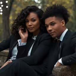 two young black people in suits on a ledge