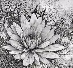 a black and white photo of a flower,a large flower is sitting in a green vase