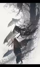 there are many crows flying by trees and rocks