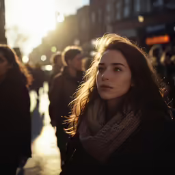 a woman walking down the street at sunset