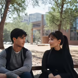a man sitting next to a woman on top of a bench
