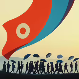 a line of people carrying umbrellas across the air