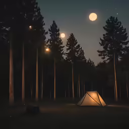 a tent set up with lights and night sky in the background