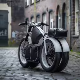 a motorcycle that is sitting on the street,an odd looking motorcycle parked on a street with cobblestone