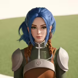 a character is standing in a field wearing blue hair and a gray armor