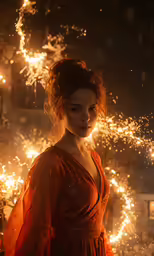 a woman wearing an orange dress is surrounded by fireworks