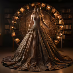woman in gown standing in front of book shelf with candles