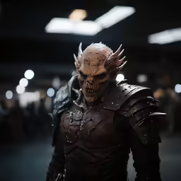 an evil man with horns is dressed in a black leather costume