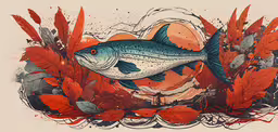 a fish in the water and some red leaves,a painting of a fish with red and orange leaves