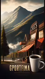 a coffee cup sitting in front of a store with mountains in the background