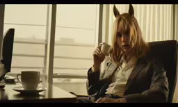 a woman sitting in a chair with mug of coffee