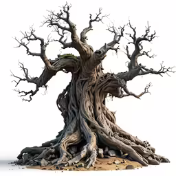 an old tree trunk and branches on top of a rock