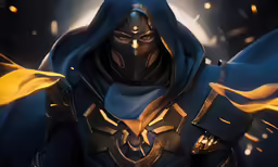 a masked knight with fire glowing around his face