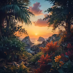 an ocean view of a sun setting from the mountains
