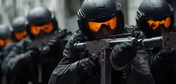 a line of masked men in black helmets