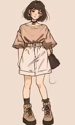 an anime girl in brown dress and brown boots