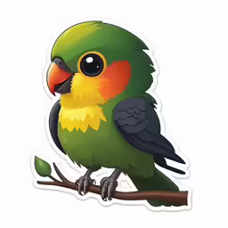 a green bird with orange, yellow and black feathers perched on a branch
