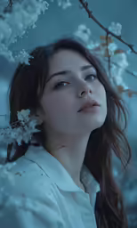 young woman in white shirt standing under cherry blossom tree