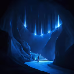 some people walking down the steps in a dark cave