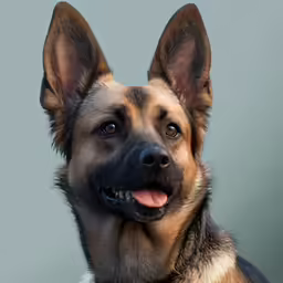 a dog looking straight ahead and a tan background
