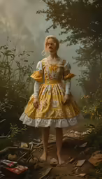 woman with red lipstick and dress in wooded area
