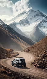 the four - door pickup is parked in a mountain area