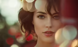 a close up of a woman with green eyes