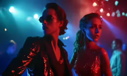 two women in party clothes with a crowd watching