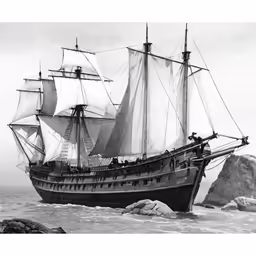 an old ship in the water with two sails on it