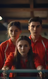 three people posing for the camera in an industrial setting