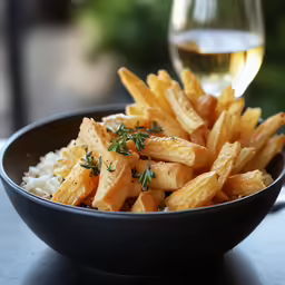 a black bowl filled with rice and french fries