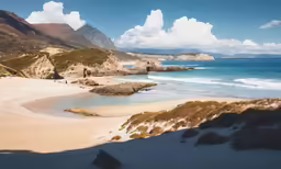 a sandy beach with some mountains and water