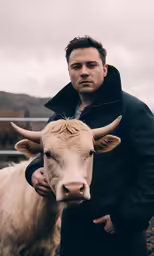 a man is holding on to a cow and looking at the camera