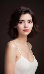 a woman in white top with dark hair posing