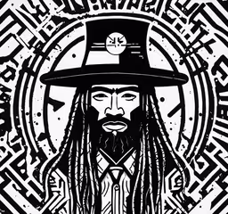a man with long hair wearing a hat,a poster featuring captain hippy duck wearing a hat