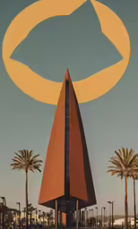 an airplane flying by a tower with a sky background