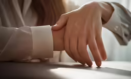 the person with their hand on the desk
