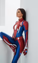 the woman is posing against a white wall