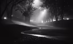 foggy, dark - night scene with street lights shining from tree tops