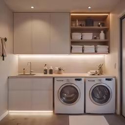 a large laundry room with cabinets full of folded towels
