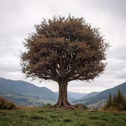 there is a tree in the field on the hill